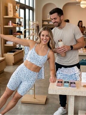 Sage Light Blue Floral Sports Bra and Bike Short Set: Both pieces are a LARGE